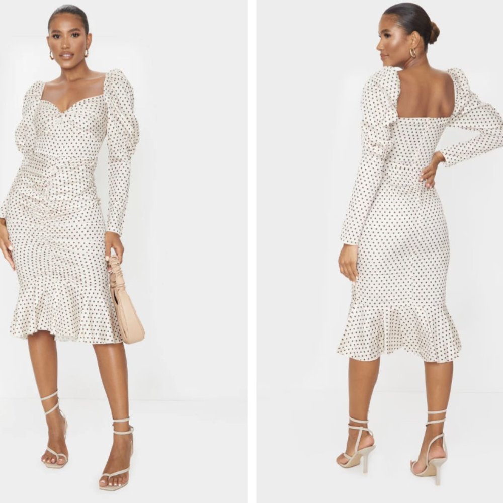 NWT Pretty Little Thing Polka Dot Puffy Sleeve Ruched Frill Hem